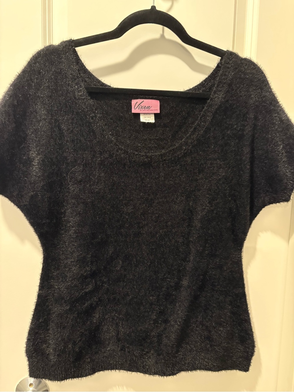 Vixen by Micheline Pitt Black Fuzzy Short-Sleeve Scoop Sweater